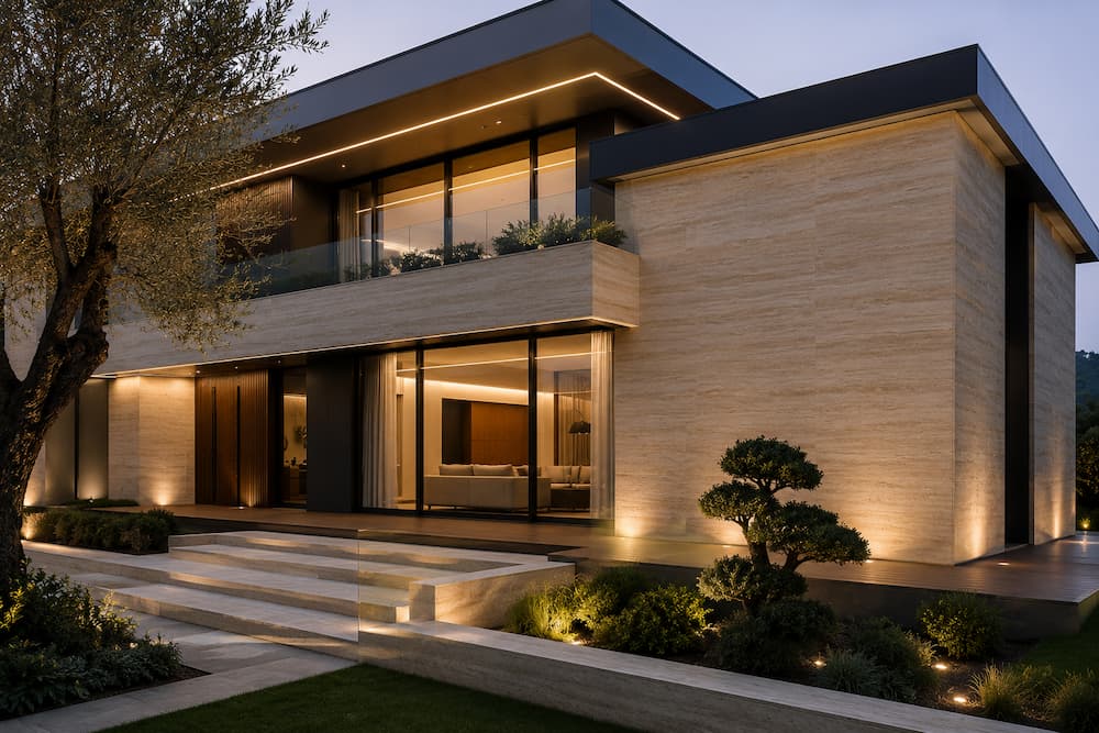 Travertínový flexibilný kamenný obklad MCM na modernej fasáde rodinného domu