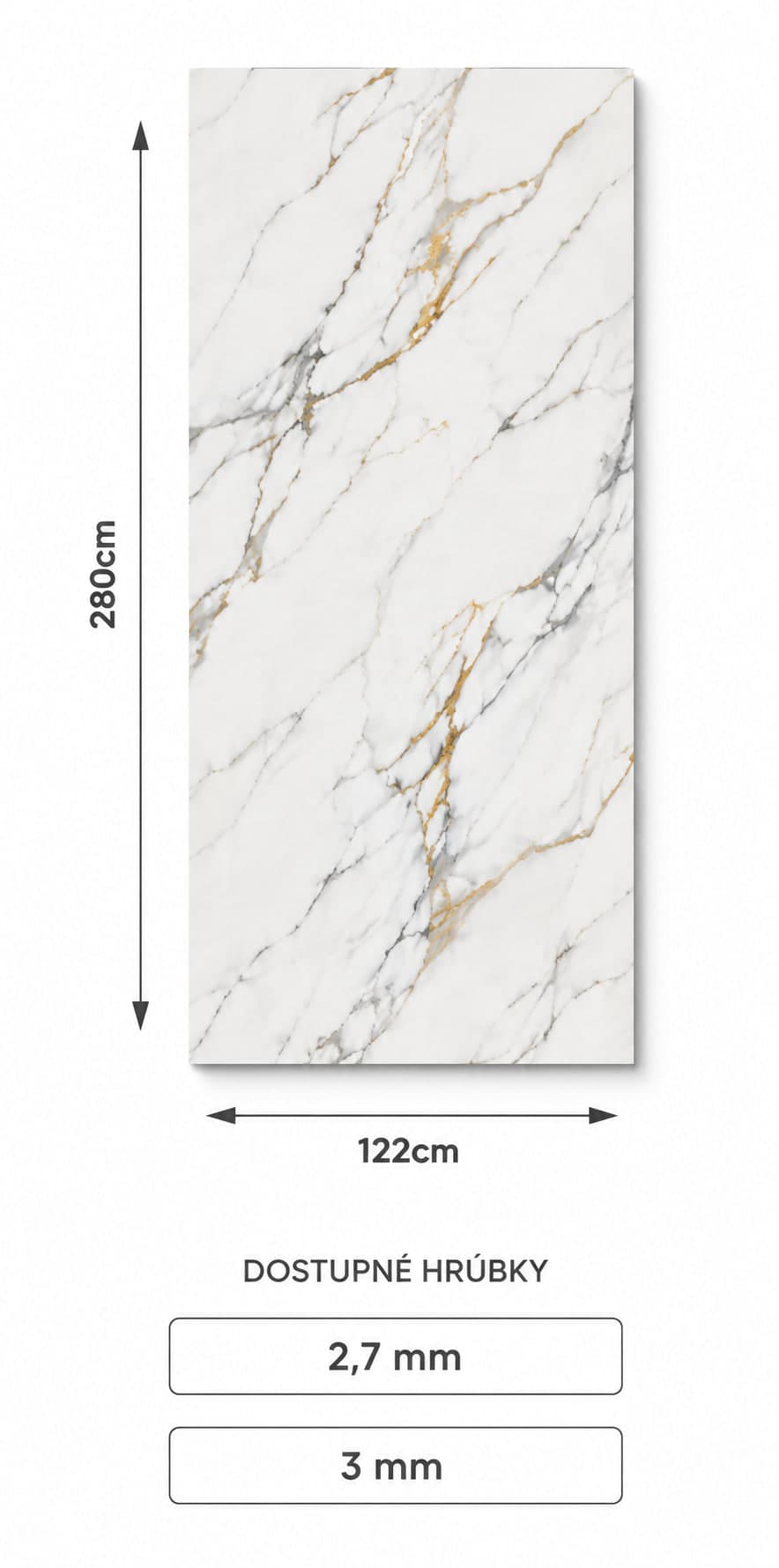PVC panel na stenu s rozmerom 122 × 280 cm a dostupnou hrúbkou 2,7 mm a 3 mm