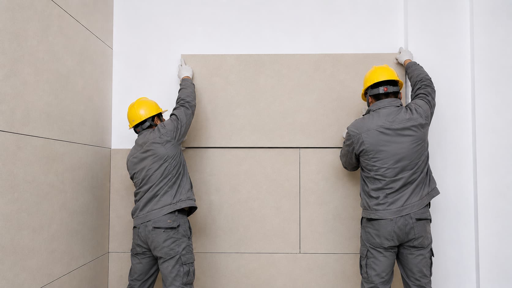 Dvaja montážnici inštalujú flexibilný kamenný obklad vo formáte 60 × 120 cm na pripravenú stenu.
