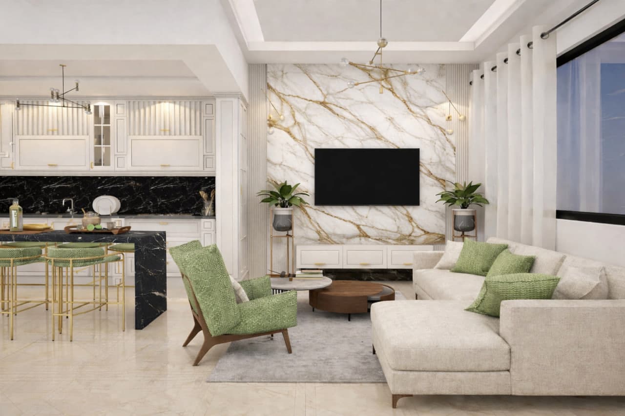 PVC Paneele werden oft als dekorative Wand hinter dem Fernseher oder als Design-Highlight verwendet.  Marmor- und dunkle Dekore sorgen für einen modernen und luxuriösen Look.