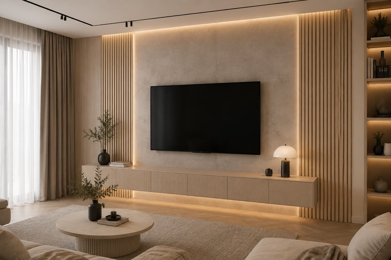 Luxusná TV stena z PVC panelu Taupe Concrete a béžových lamiel s nepriamym LED podsvietením