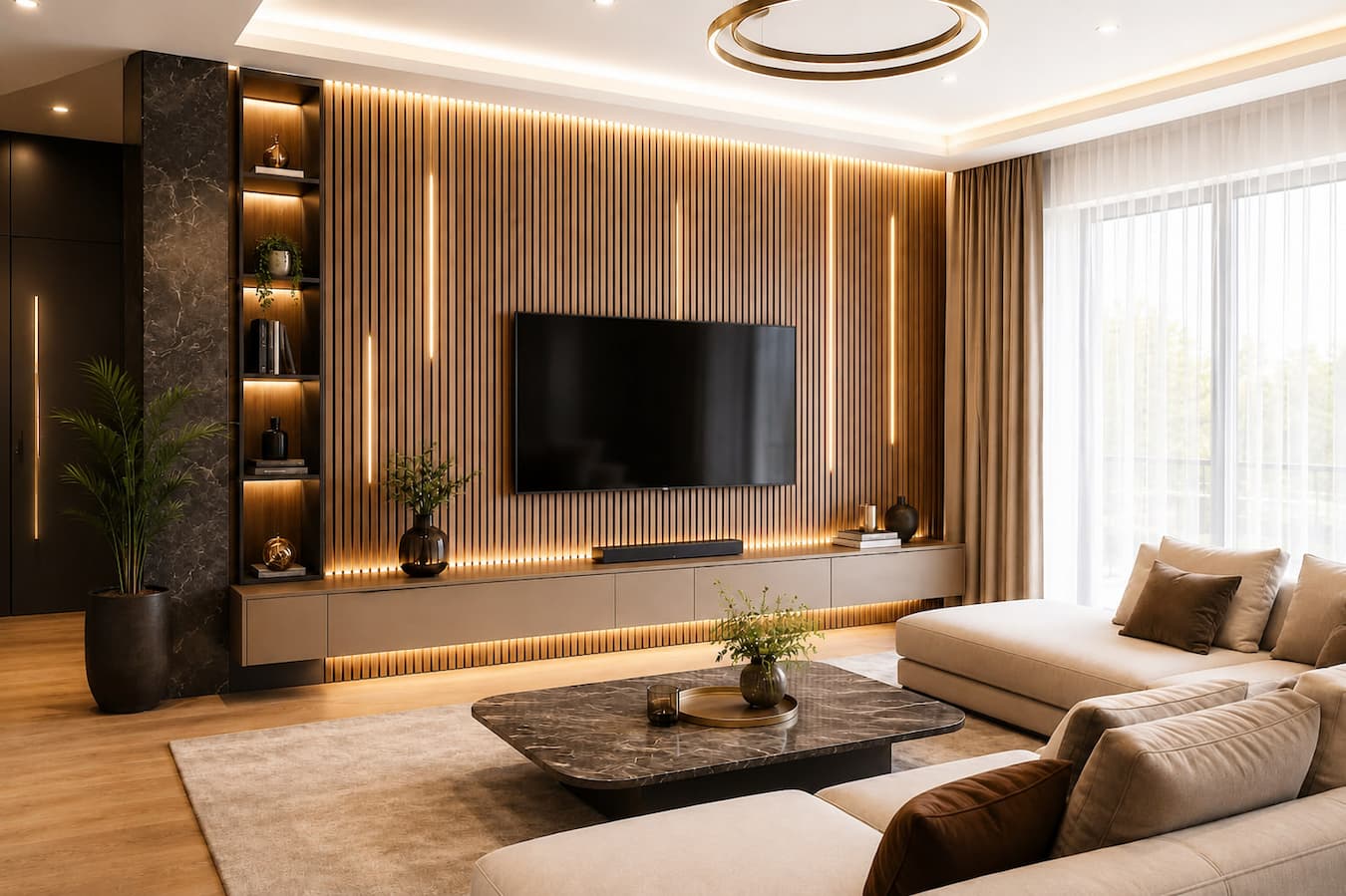 Akustický lamelový panel MDF Natural Oak ako moderný obklad TV steny v obývačke