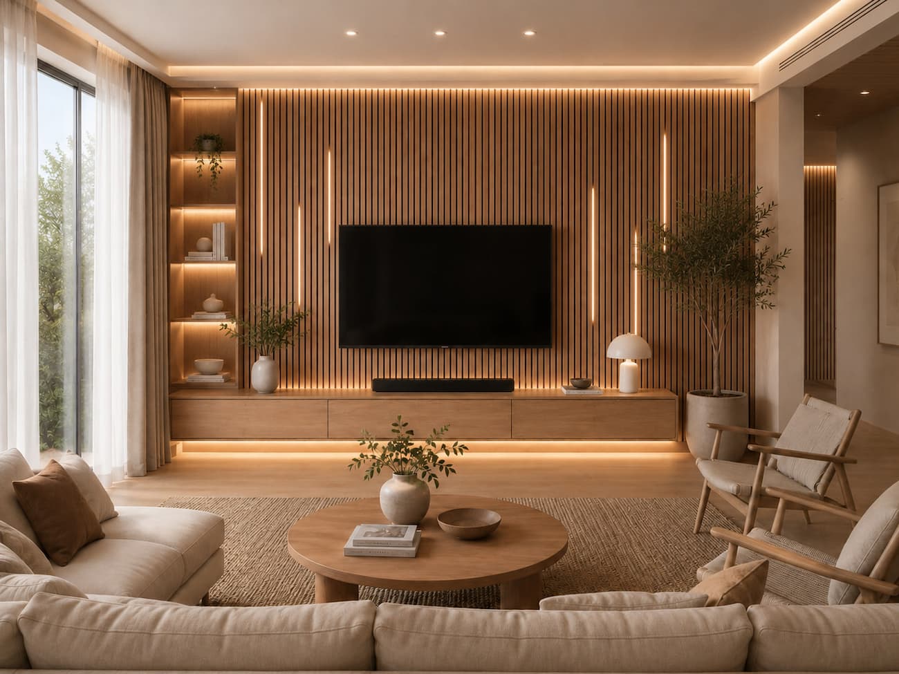 Akustický lamelový panel MDF Red Oak použitý ako dekoratívny obklad steny v modernej obývačke