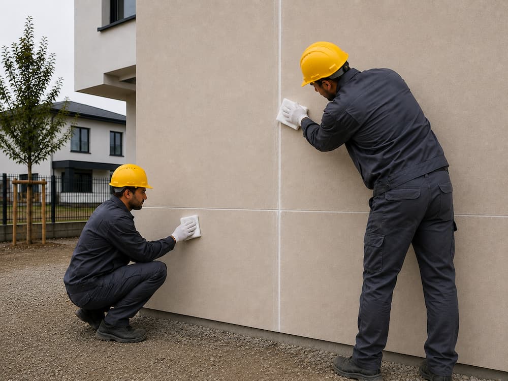 Čistenie spojov po dokončení montáže flexibilného kamenného obkladu.