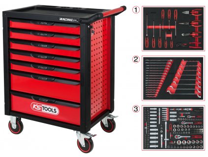 KS Tools RACINGline ČIERNY/ČERVENÝ dielenský vozík so 7 zásuvkami a 215 dielnou sadou prémiového náradia