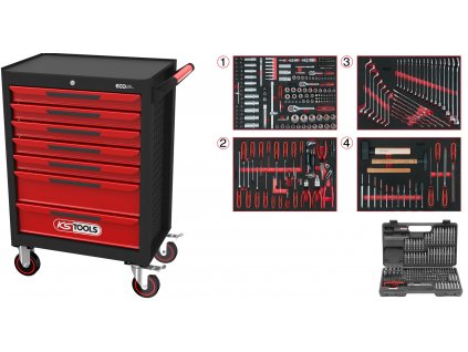 KS Tools ECOline ČIERNY/ČERVENÝ dielenský vozík so 7 zásuvkami a 515 dielnou sadou prémiového náradia