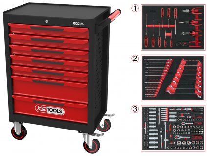 KS Tools ECOline ČIERNY/ČERVENÝ dielenský vozík so 7 zásuvkami a 215 dielnou sadou prémiového náradia