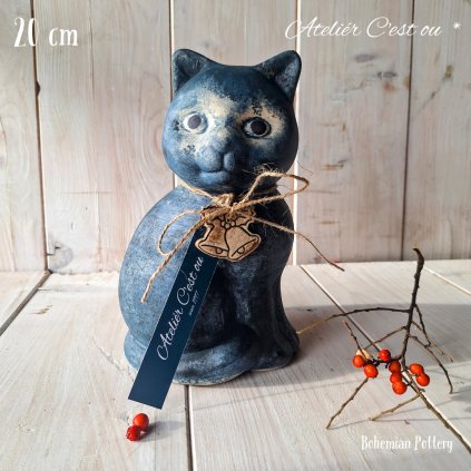 Keramická Ručně Litá Kočka Modračka 20cm | Modrá Patina Kobaltem