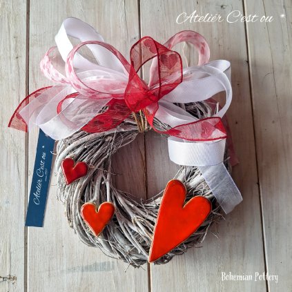 Věnec Proutěný Šedobílý Ø 20 cm a Keramika | Valentýnský |♥️Srdíčkový
