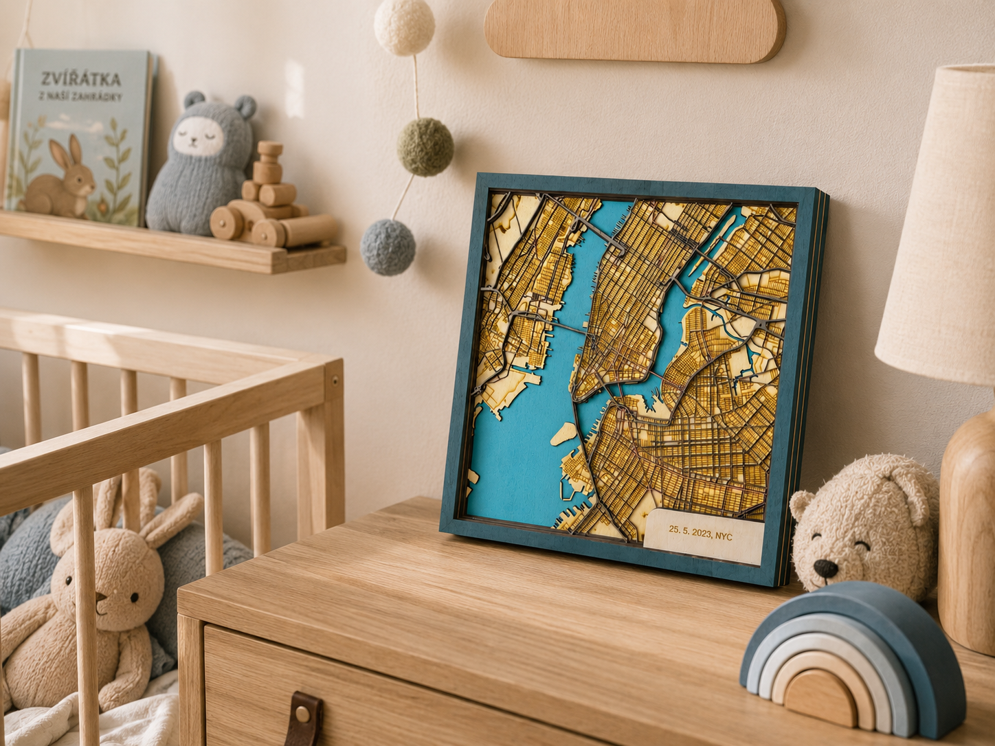 Pastelová 3D mapa místa narození miminka do dětského pokoje