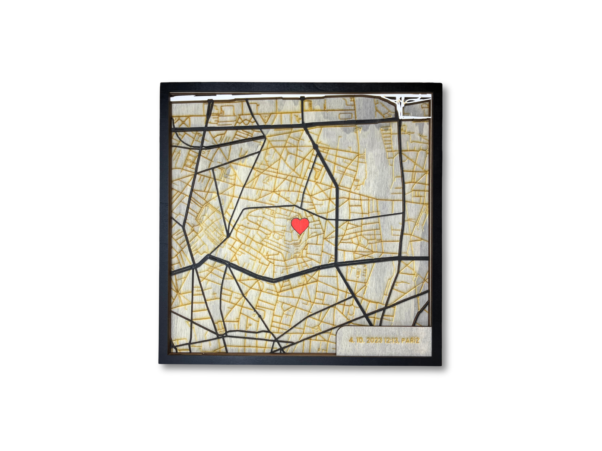 Černá minimalistická 3D vzpomínková mapa ze dřeva