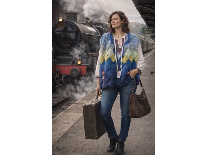 Pletená vesta "oversize" - modro zelený patchwork