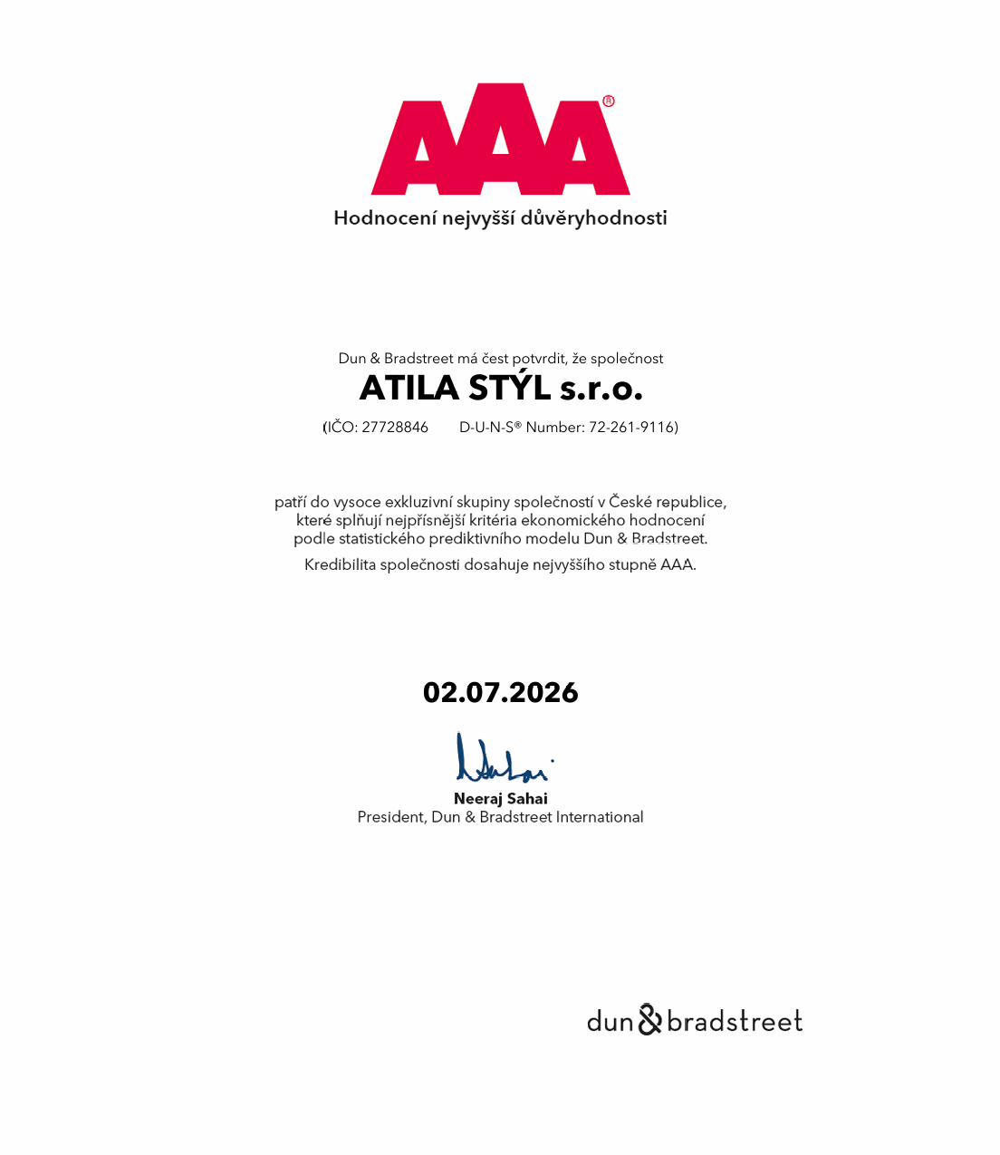 Certifikát AAA - Hodnocení nejvyšší důvěryhodnosti 2026 od Dun & Bradstreet