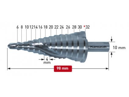 Stupňovitý vrták o průměru 6-30 mm
