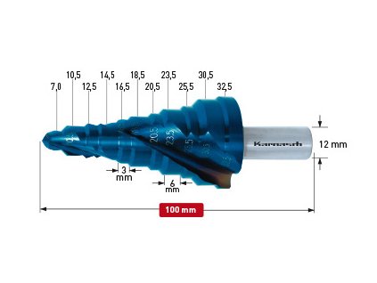 Stupňovitý vrták povlakovaný o průměru 7-30,5 mm
