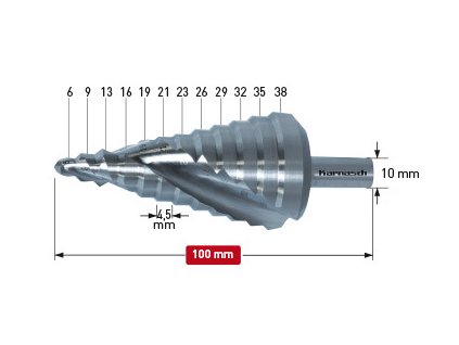Stupňovitý vrták o průměru 6-38 mm