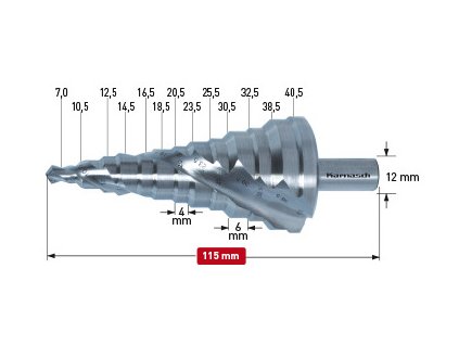 Stupňovitý vrták o průměru 7-38,5 mm