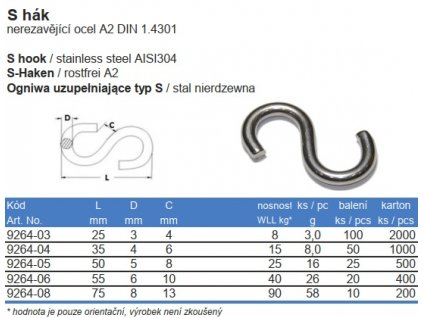 S hák nerezový 2mm nerez A2