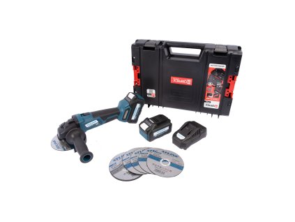 XTLINE Aku úhlová bruska bezuhlíková 18 V, 125 mm + kotouče + 2 baterie 5.0 Ah + nabíječka 3.5 A + box