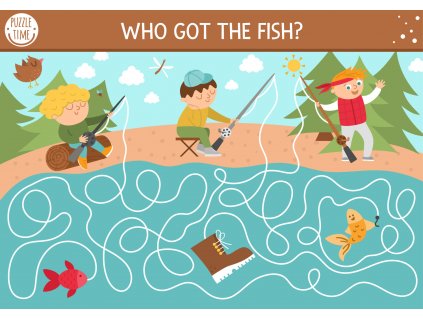 summer camp maze for children active holidays preschool printable activity family nature trip labyrinth game or puzzle with cute fishing kids with rods who got the fish vector