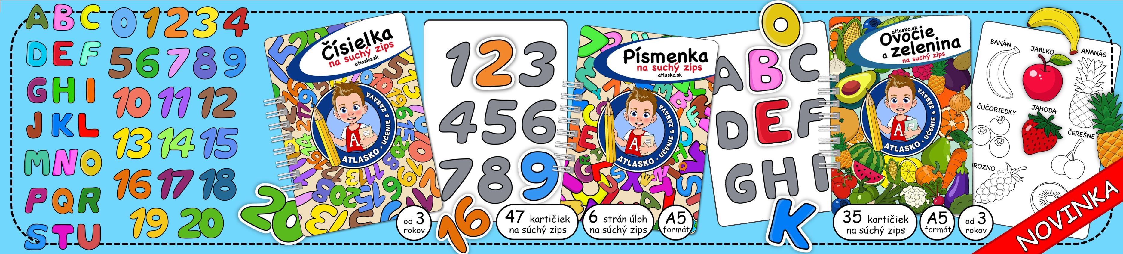 Pracovné zošity Čísielka, Písmenka, a Ovocie a Zelenina na suchý zips - web