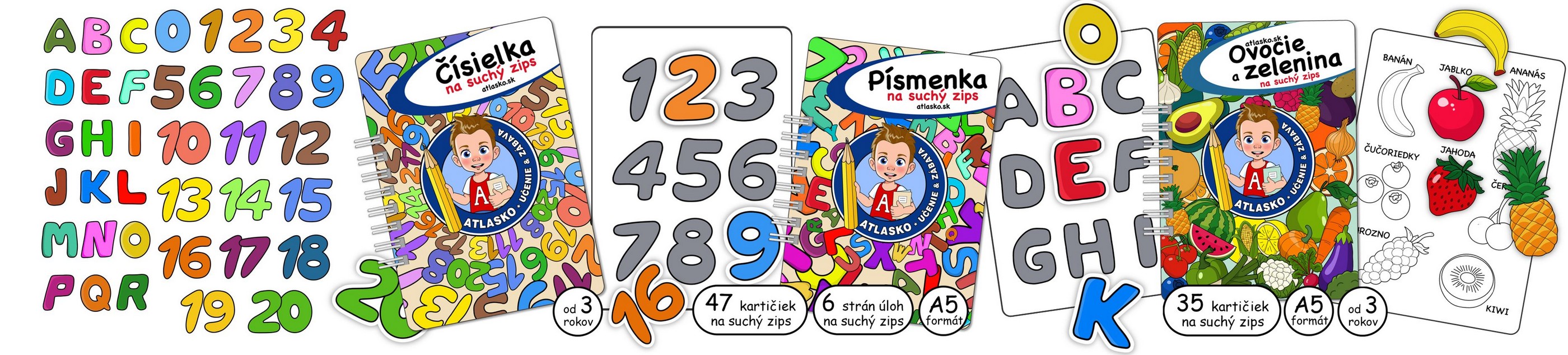 Pracovné zošity Čísielka, Písmenka, a Ovocie a Zelenina na suchý zips - web