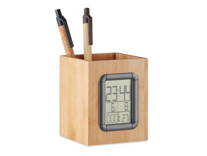 Schreibgeräteständer aus Bambus mit Wecker