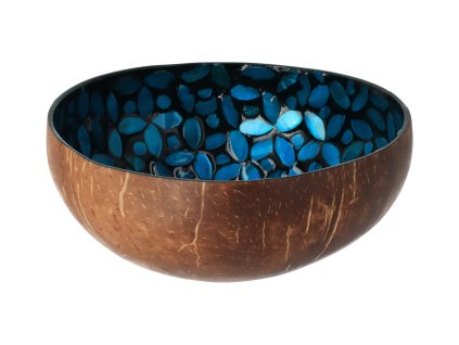 Kokosnussschale mit blauen Blumen