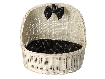 Hundebett aus Weide mit Baldachin – weiß mit schwarzer Schleife