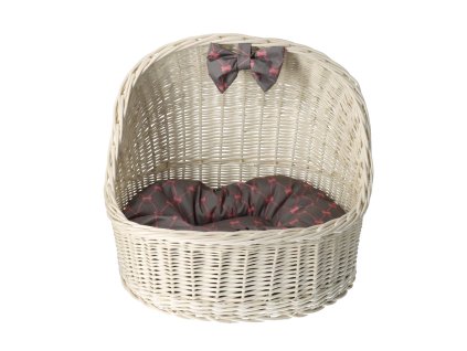 Hundebett aus Weide mit Baldachin – weiß mit grauer Schleife