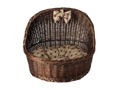 Hundebett aus Weide mit Baldachin – dunkel mit beiger Schleife