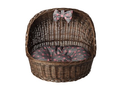 Hundebett aus Weide mit Baldachin – dunkel mit grauer Schleife