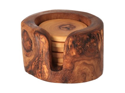 Set aus 6 Olivenholzuntersetzern mit Kasten