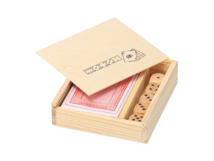 Satz Spielkarten und Würfel in einer Box