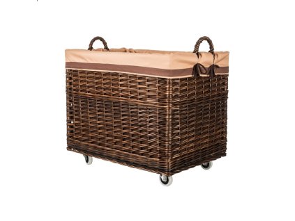 Dunkler Weidenkorb für Holz gefüttert – auf Rädern