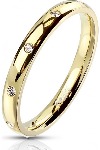 Zlatý oceľový prsteň s čírymi zirkónmi (Veľkosť prstenu 49)