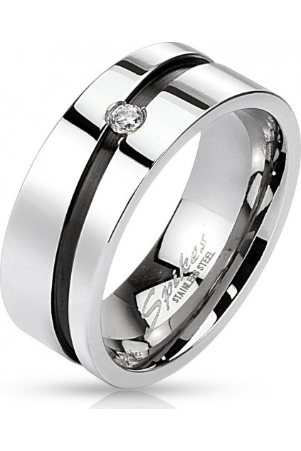Oceľový prsteň s čiernym diagonálnym pruhom a zirkónom (Veľkosť prstenu 62)
