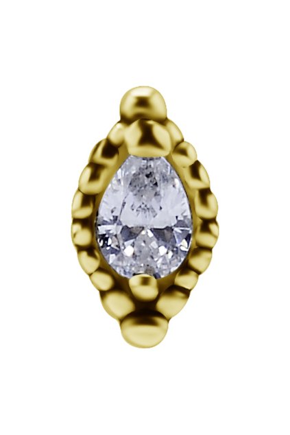 18-karátové žlté zlato s hruškovitým tvarom Swarovski® zirkónovej koncovky pre šperky s vnútorným závitom