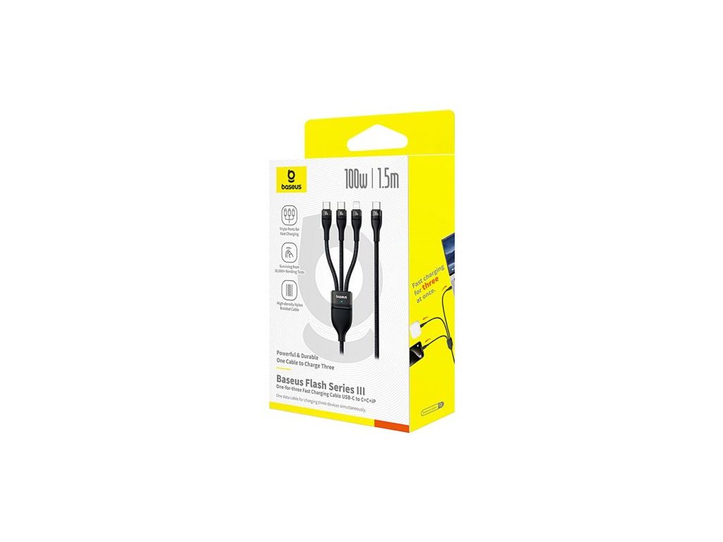 1370556 baseus cable flash series 3 in 1 fast charging data cable type c to lightning type c type c 100w 1 5m black p10377502111 00