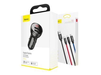 1430262 baseus car charger digital display 2xusb with 3 in 1 cable 1 2m 24w 4 8a black gray tzccbx 0g
