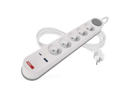 Extension cable 3 m / 5 sockets / with switch / white-grey / 1×USB-A + 1×USB-C / 1.5 mm2