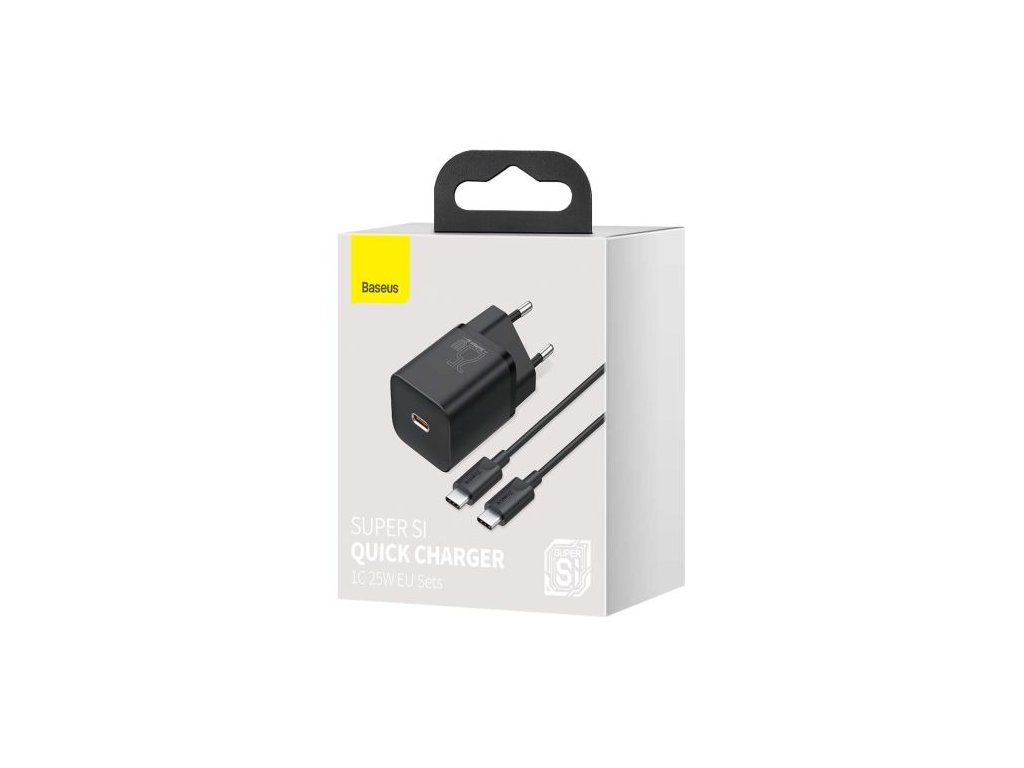 Baseus Travel Charger set Super Si 1C QC (With Mini Black Cable Type-C to Type-C 3A 1m) 25W EU Black (TZCCSUP-L01)