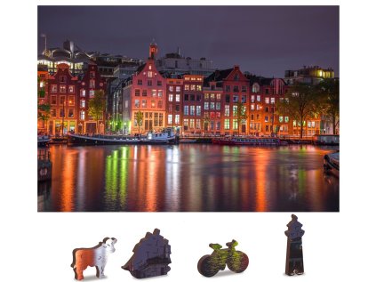 WOODEN CITY Dřevěné puzzle Noční Amsterdam 2v1, 150 dílků EKO