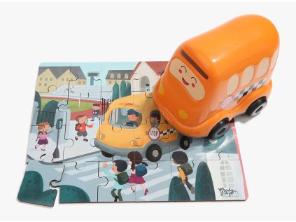 TOP BRIGHT Dřevěné puzzle s hračkou: Školní autobus 24 dílků