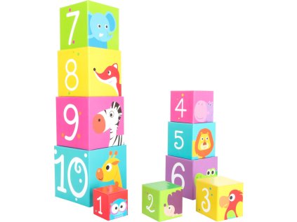 SMALL FOOT Skládací věž z kostek s obrázky čísel a zvířátek