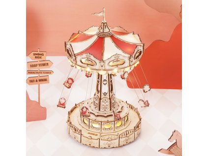 RoboTime 3D drevená skladačka hracej skrinky Retiazkový kolotoč farebný