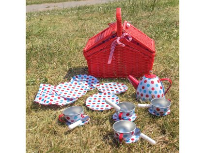 Bigjigs Toys Čajová bodkovaná sada v piknikovom koši