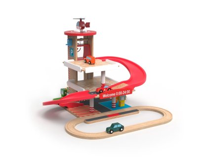 2Kids Toys Drevená garáž s vláčikodráhou