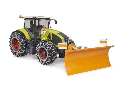 Bruder Claas Axion 950 so snehovými reťazami a radlicou