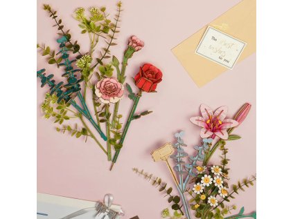 RoboTime 3D drevená skladačka Košík s kvetinami